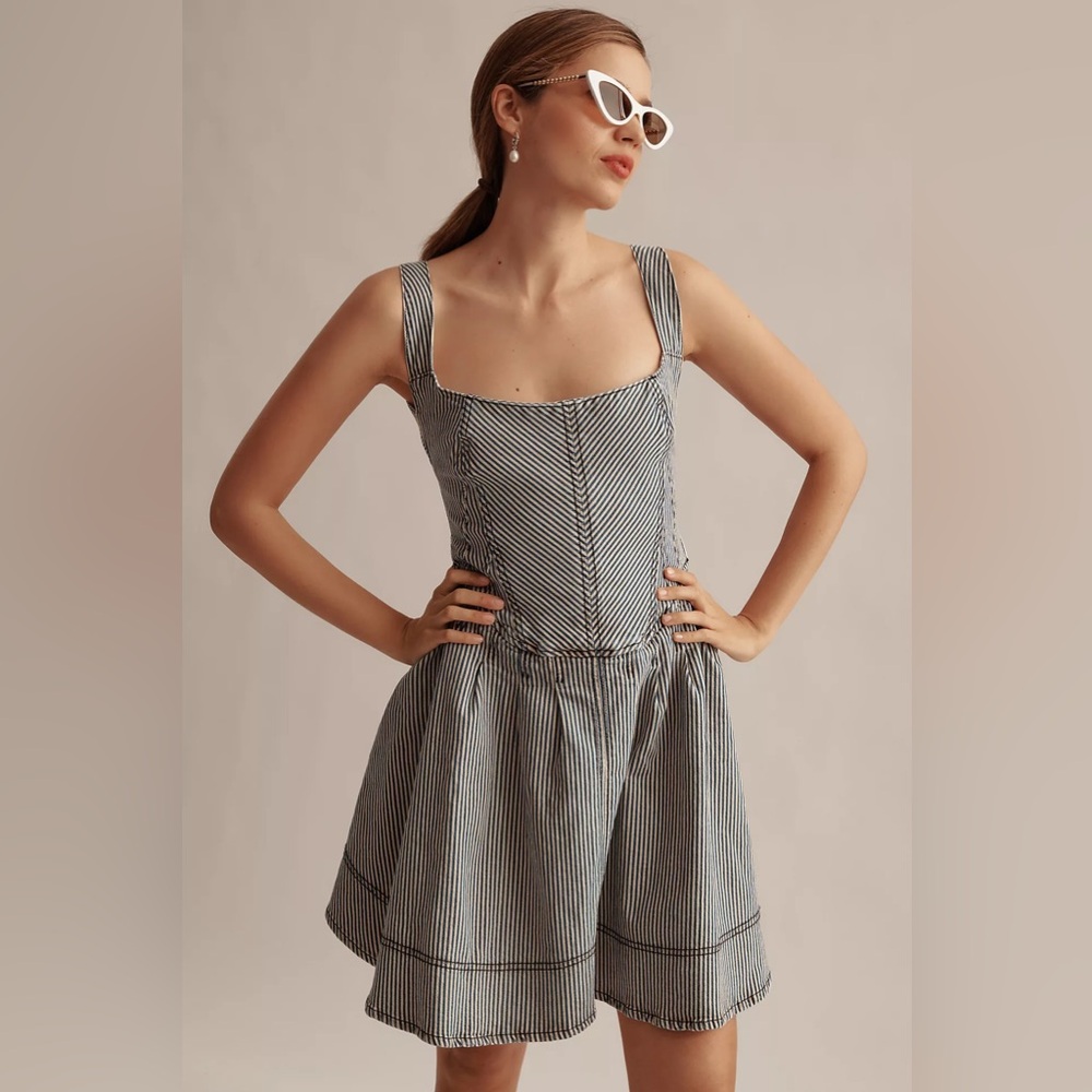 Pilcro Square-Neck Tie-Back Striped Denim Mini Dress